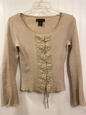 y2k beige lace-tie ribbed long sleeve blouse